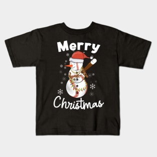 Merry Christmas Snowman Playing Baseball for Baseball Fans Kids T-Shirt